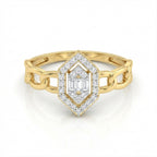 Gold ring with a diamond on a white background