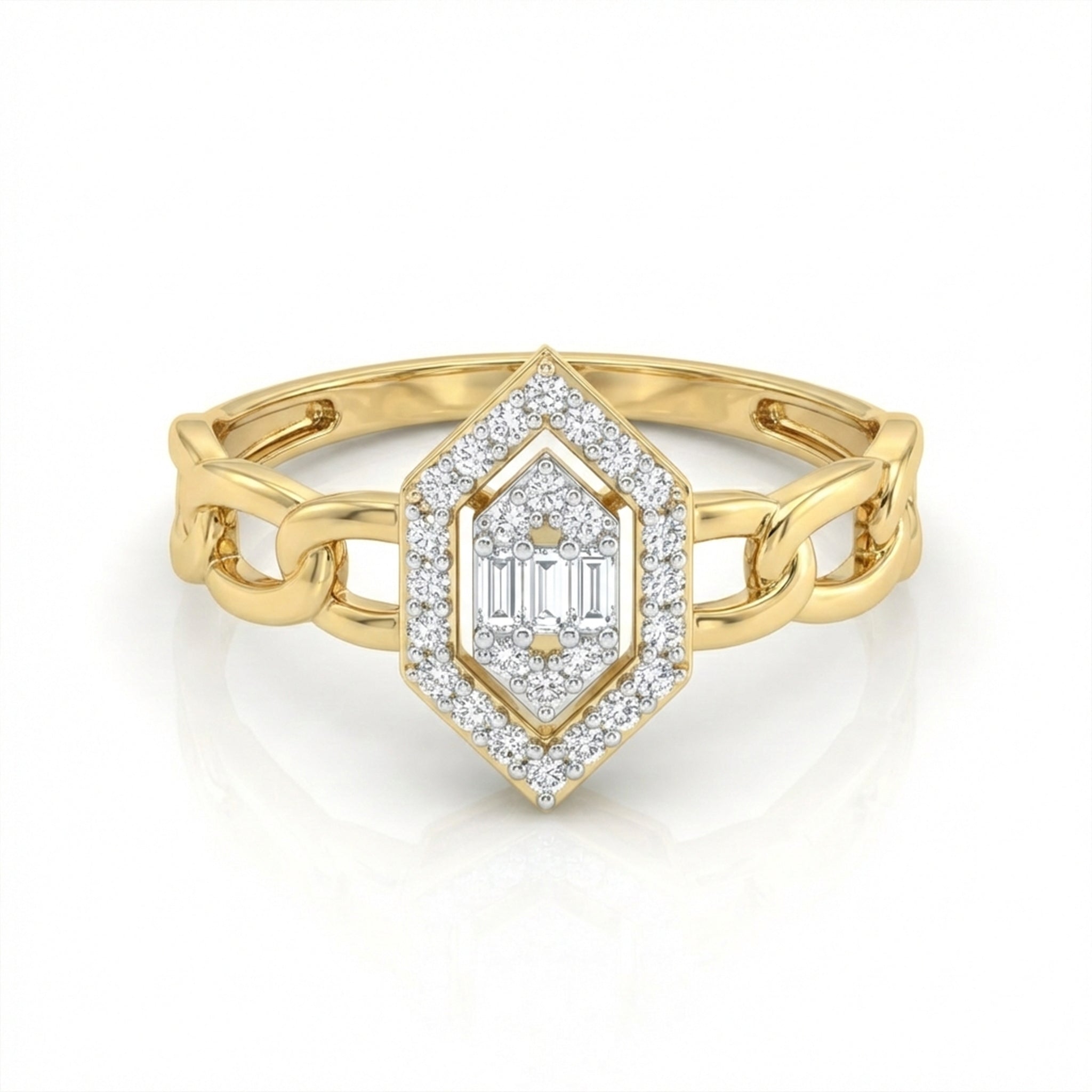 Gold ring with a diamond on a white background