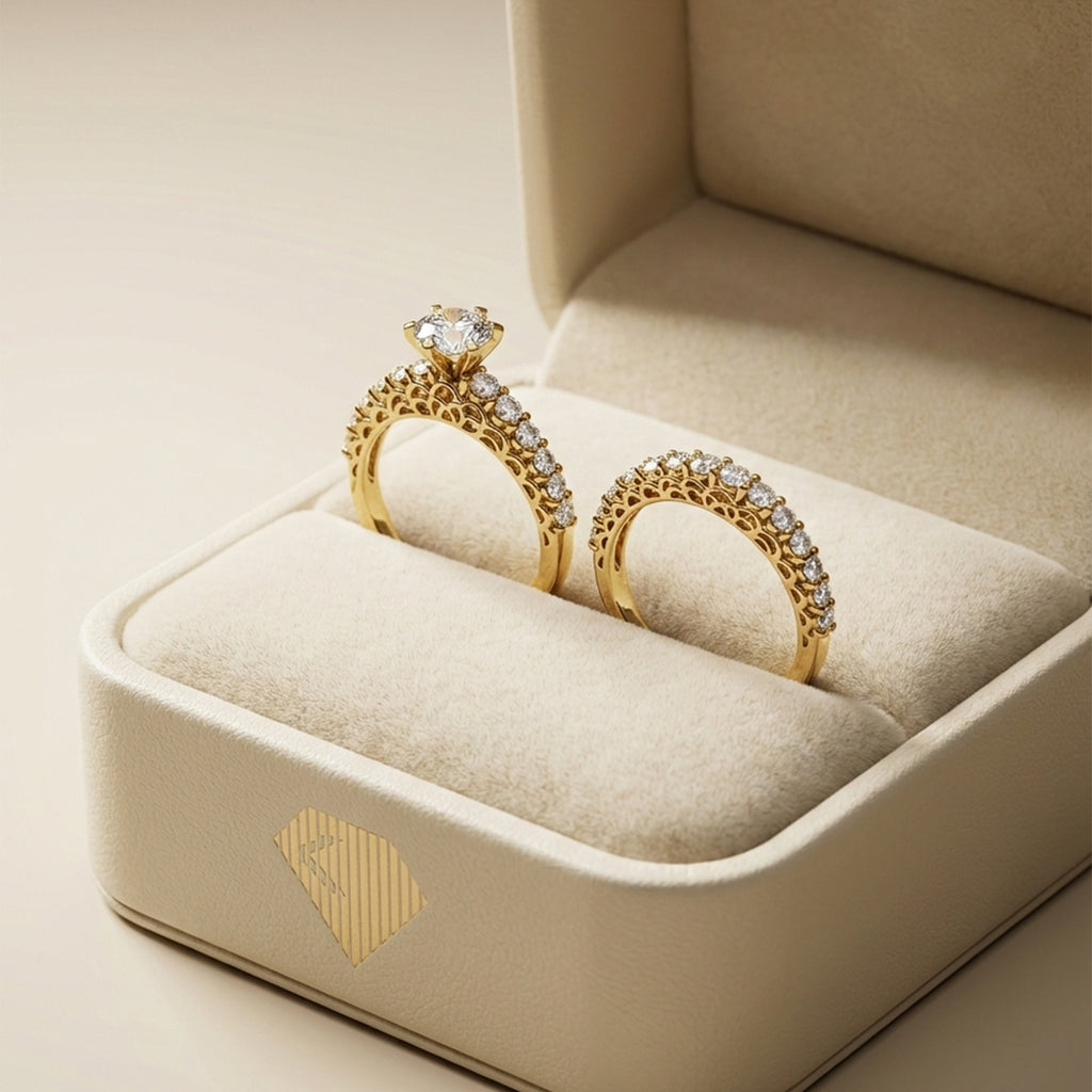 Gold rings with diamond accents in a jewelry box