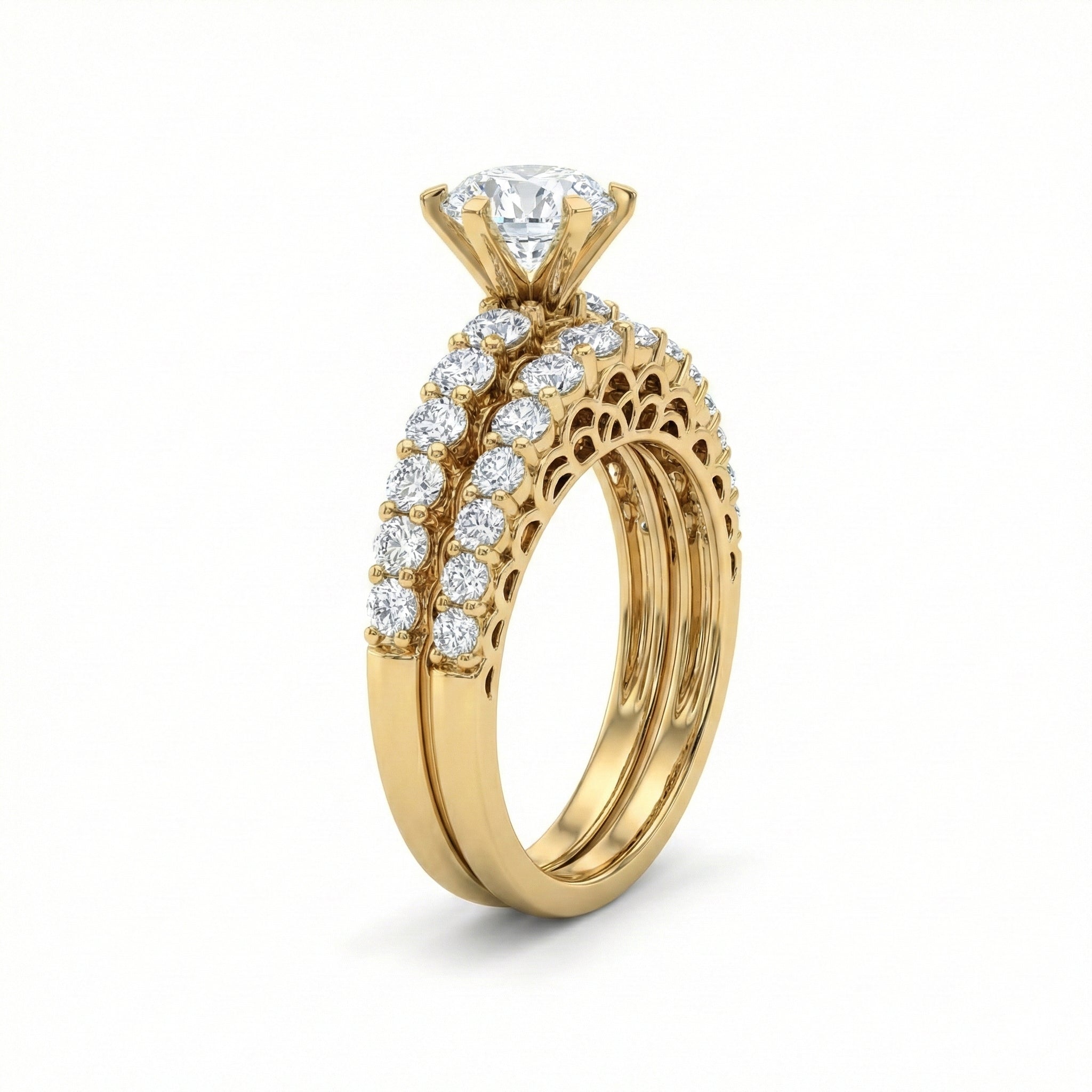 Gold ring with diamond accents on a white background