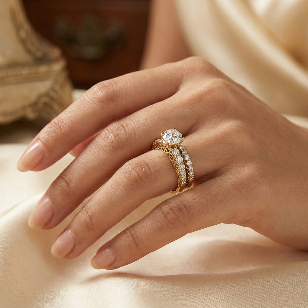 Close-up of a hand wearing two gold rings with diamond accents on a soft beige background
