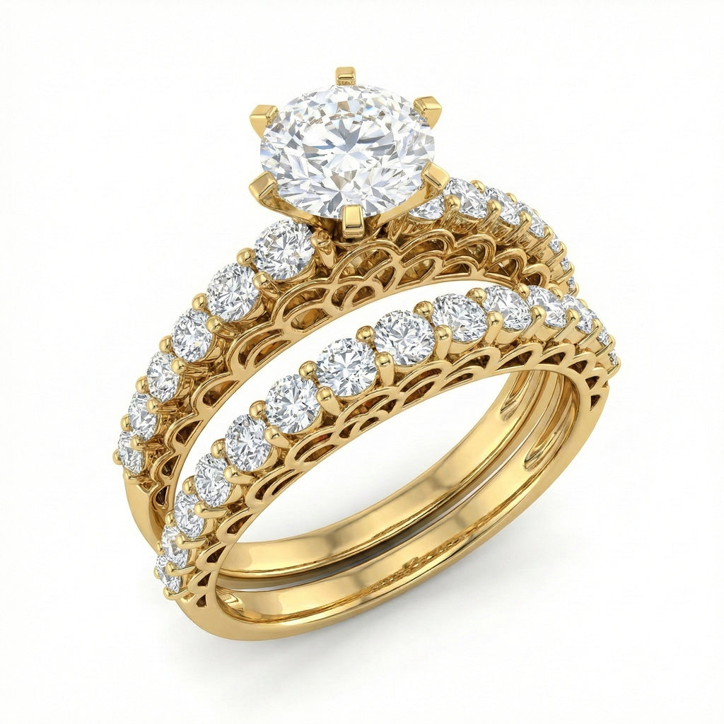 Gold ring with diamond accents on a white background