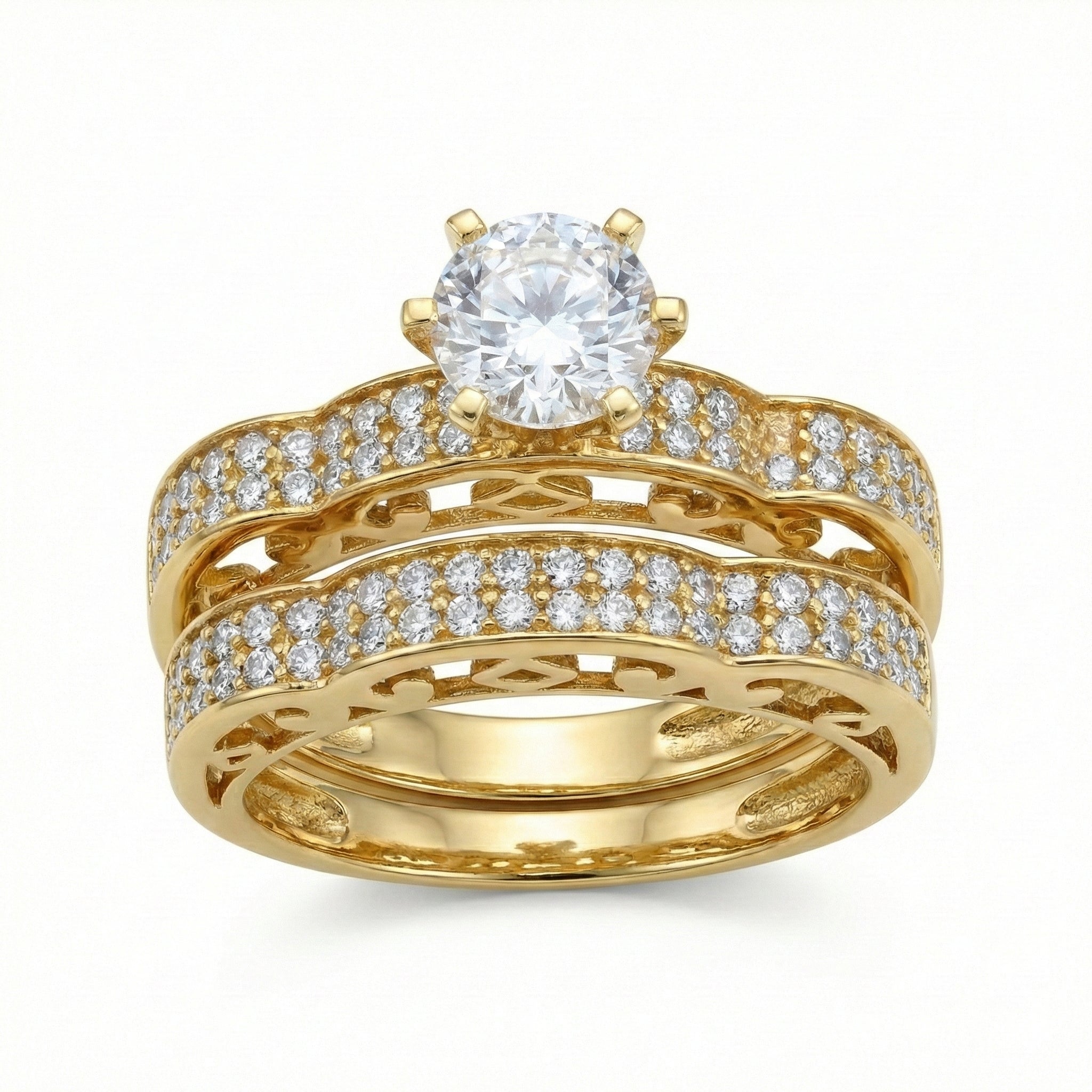 Gold ring with diamond accents on a white background