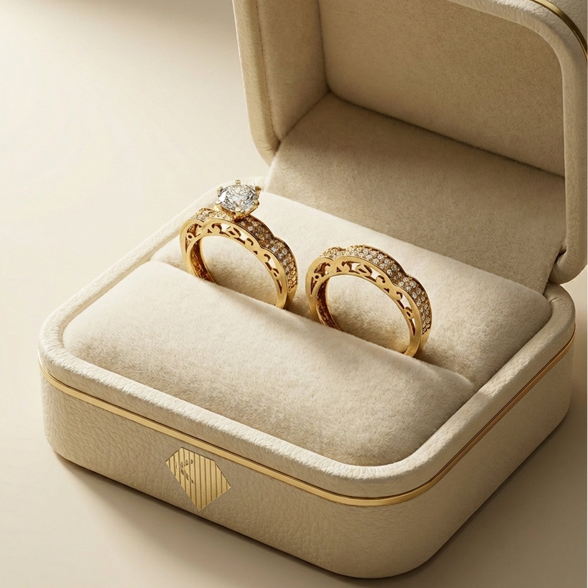 Gold rings with diamonds in a beige jewelry box