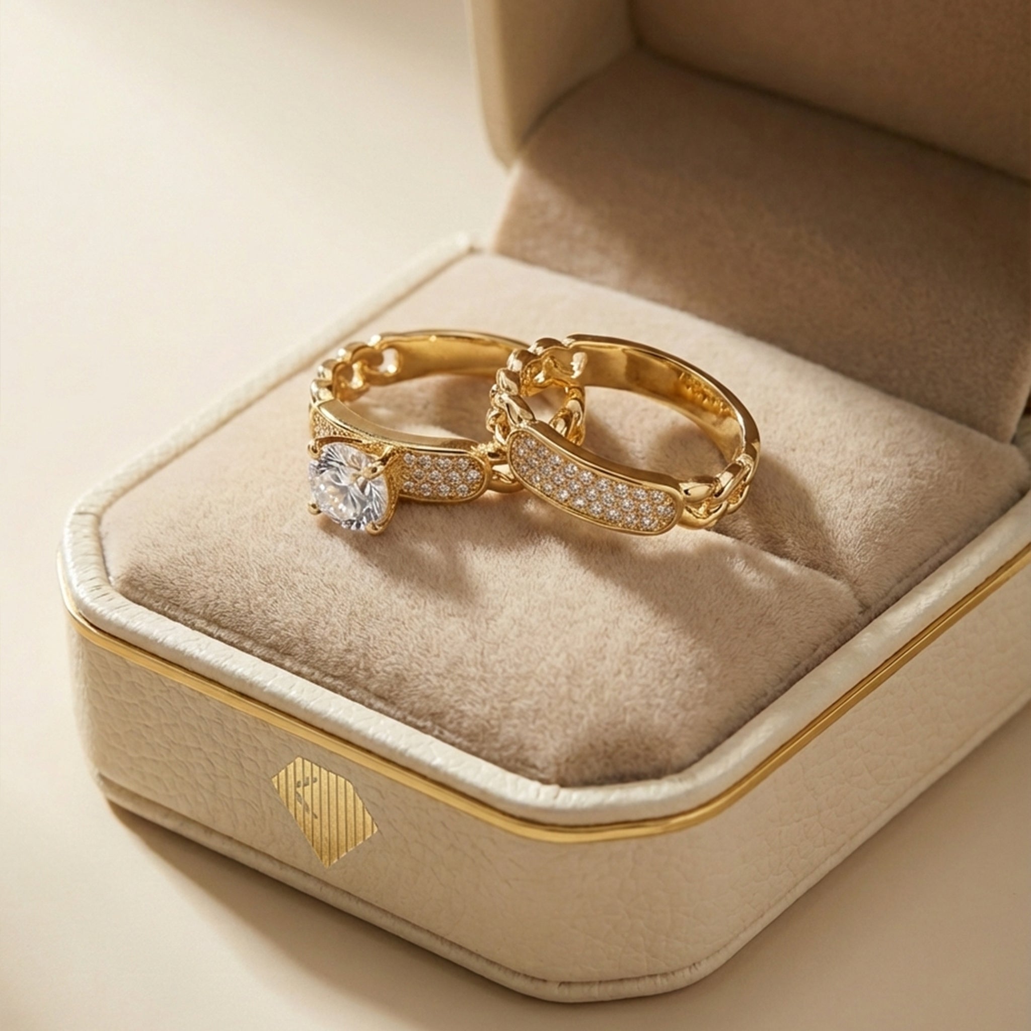 Gold ring with a diamond on a beige velvet cushion in a jewelry box