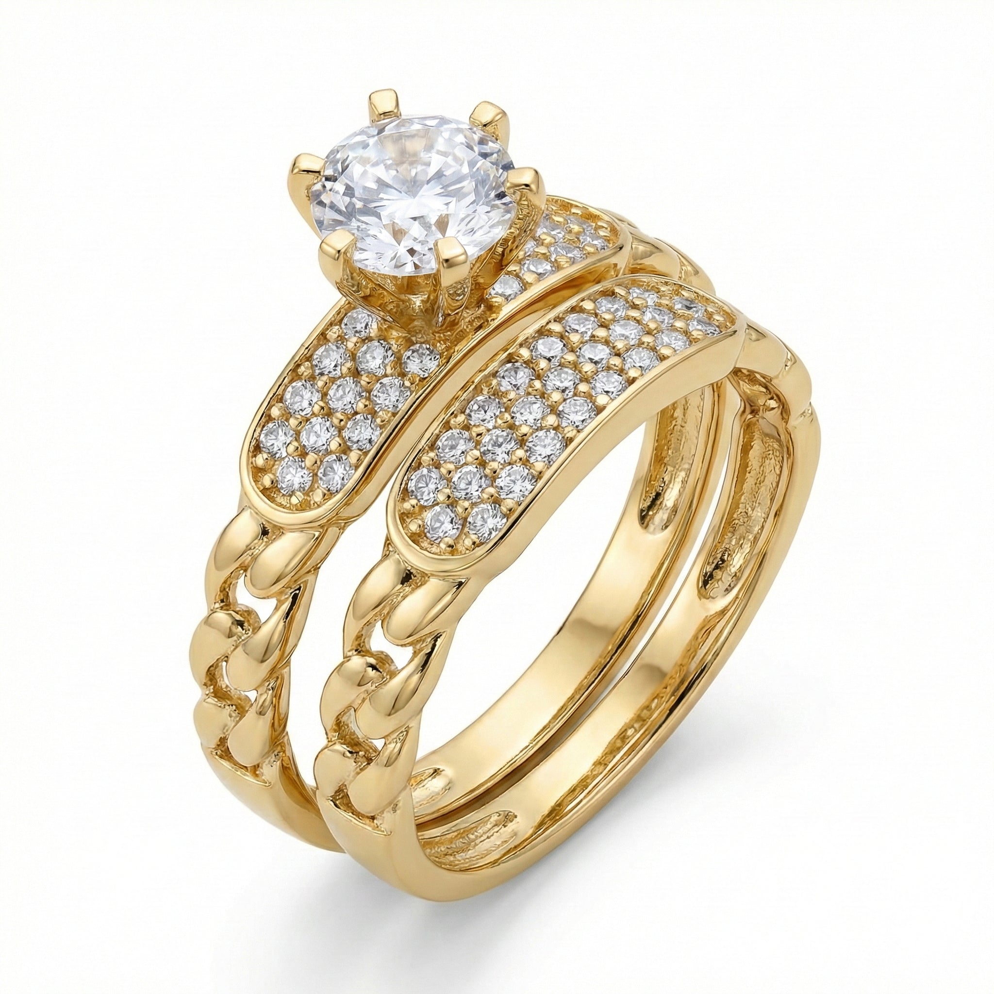 Gold ring with diamond accents on a white background