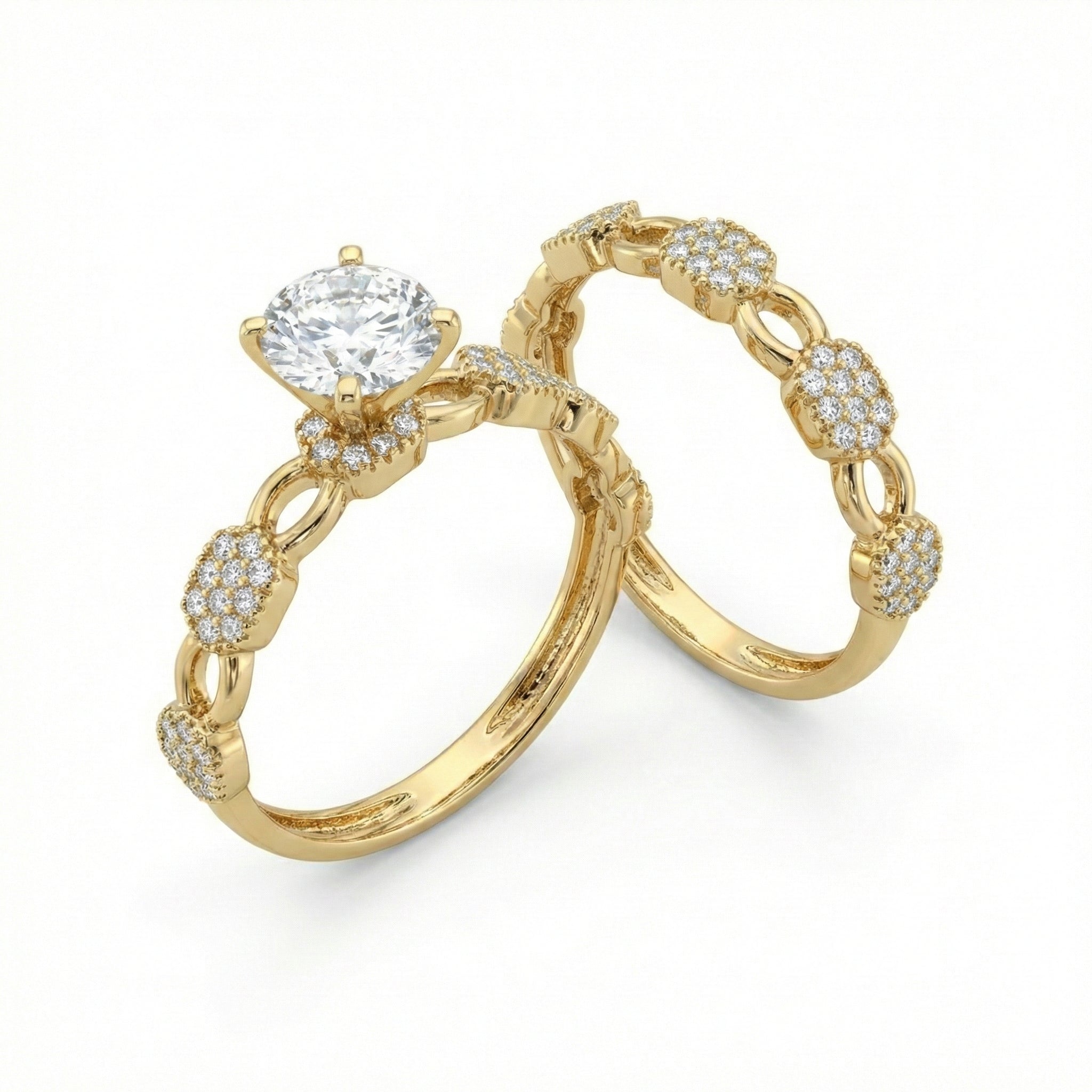 Gold ring with a large diamond and smaller diamonds on a white background