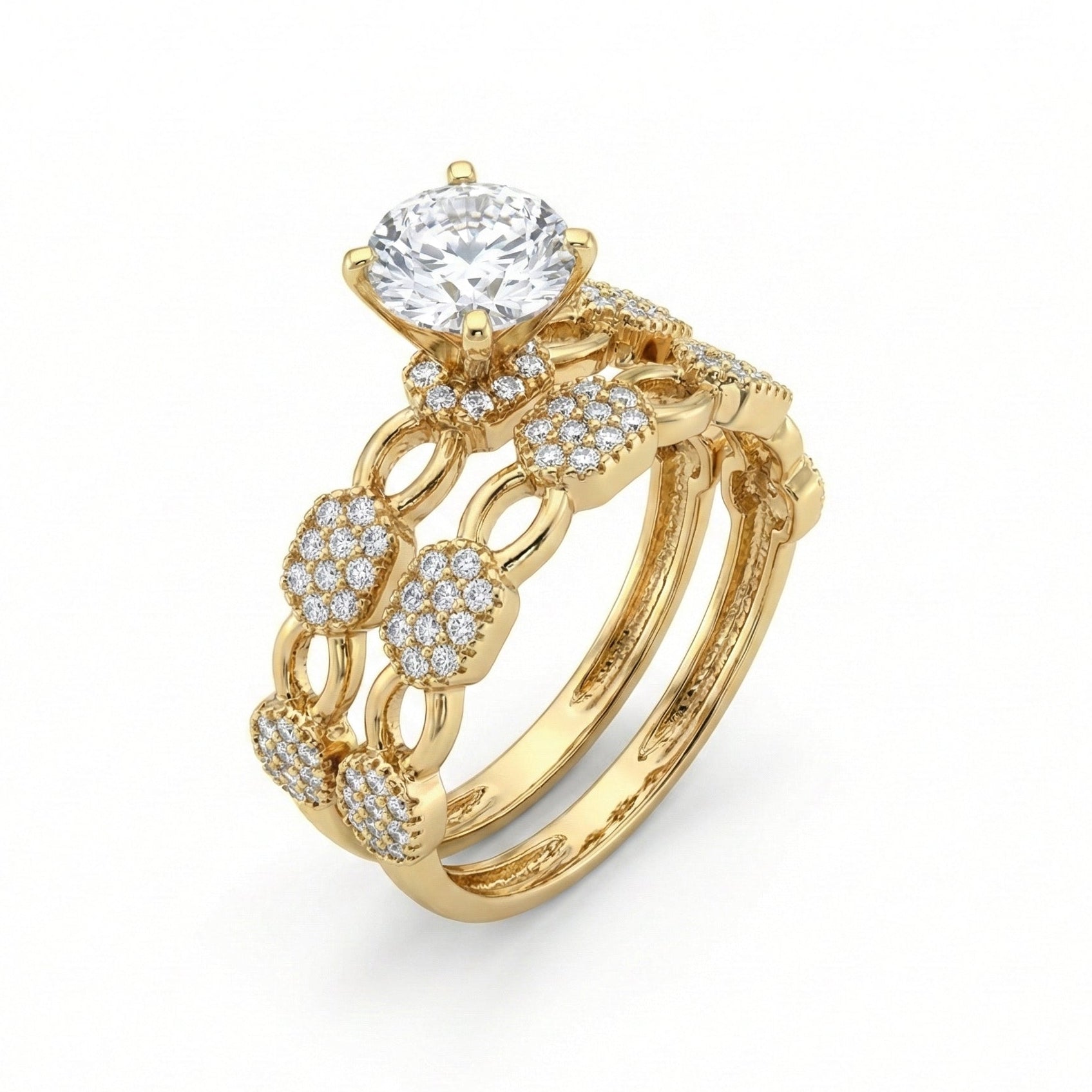 Gold ring with a large central diamond and smaller diamonds on a white background