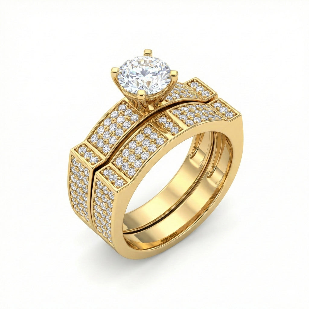 Gold ring with a large diamond and smaller diamonds on a white background