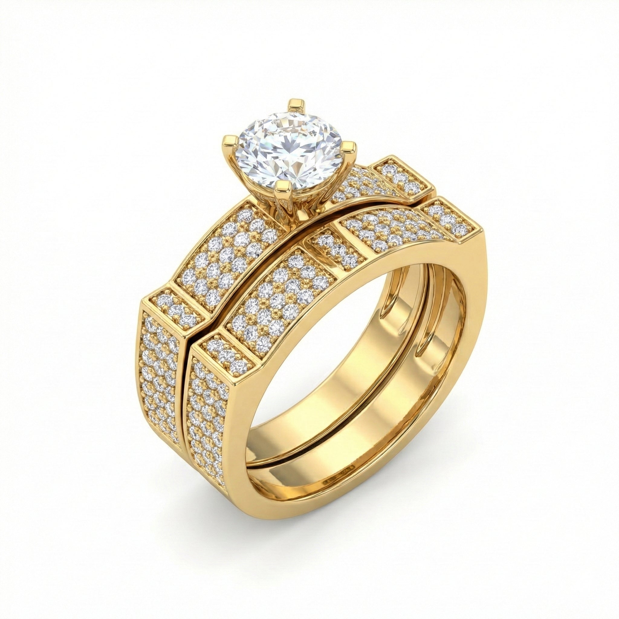 Gold ring with a large diamond and smaller diamonds on a white background