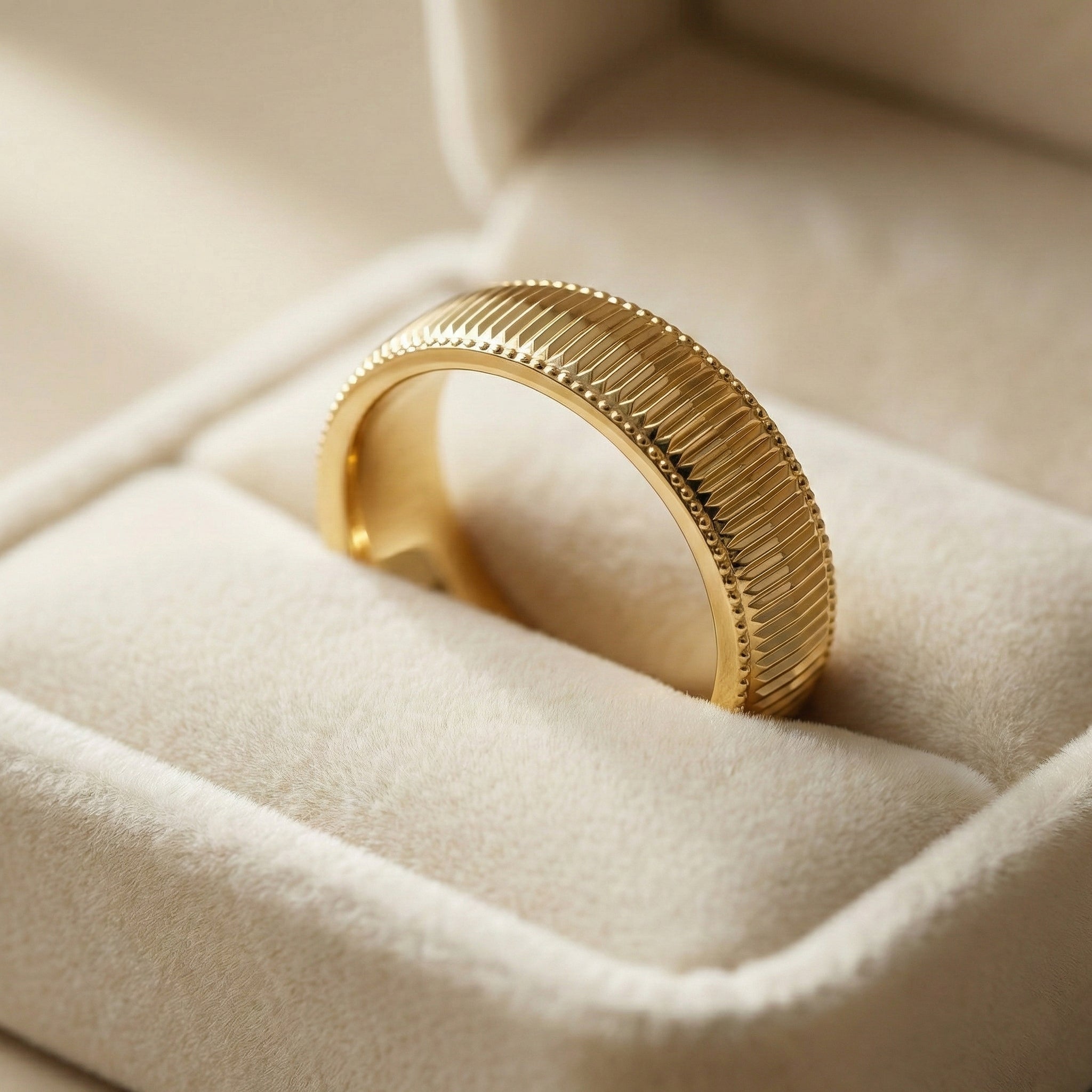 Gold ring with textured band on a soft beige background