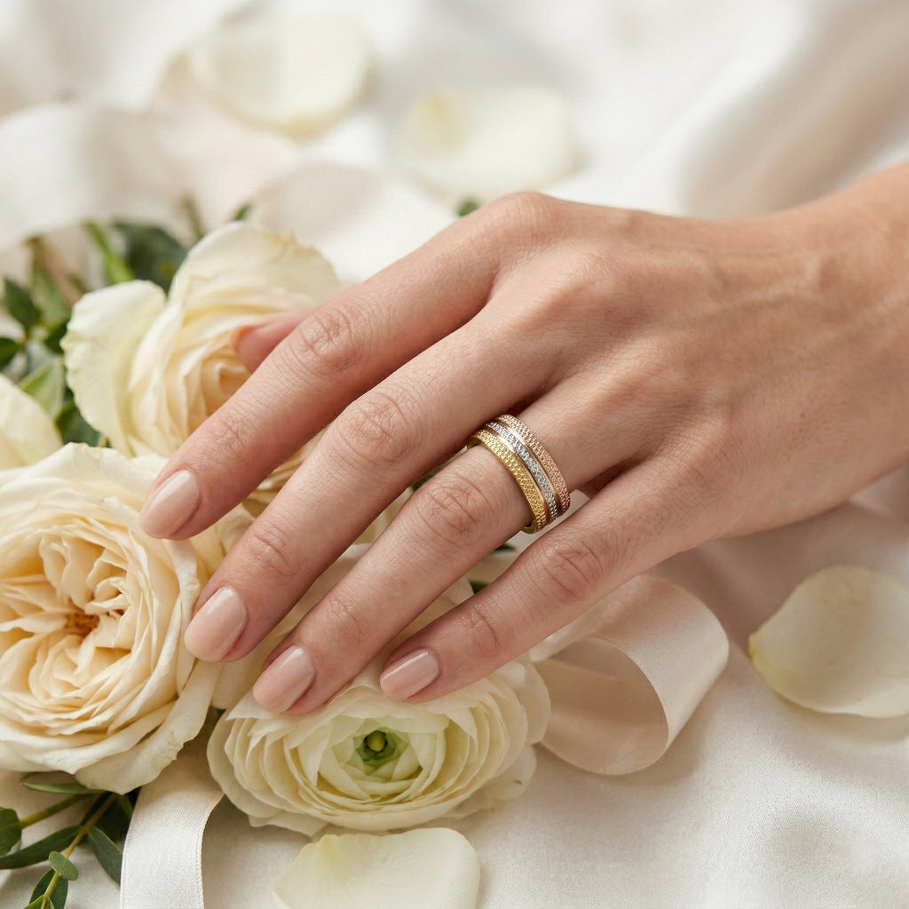 Hand wearing a gold ring on a bouquet of white roses