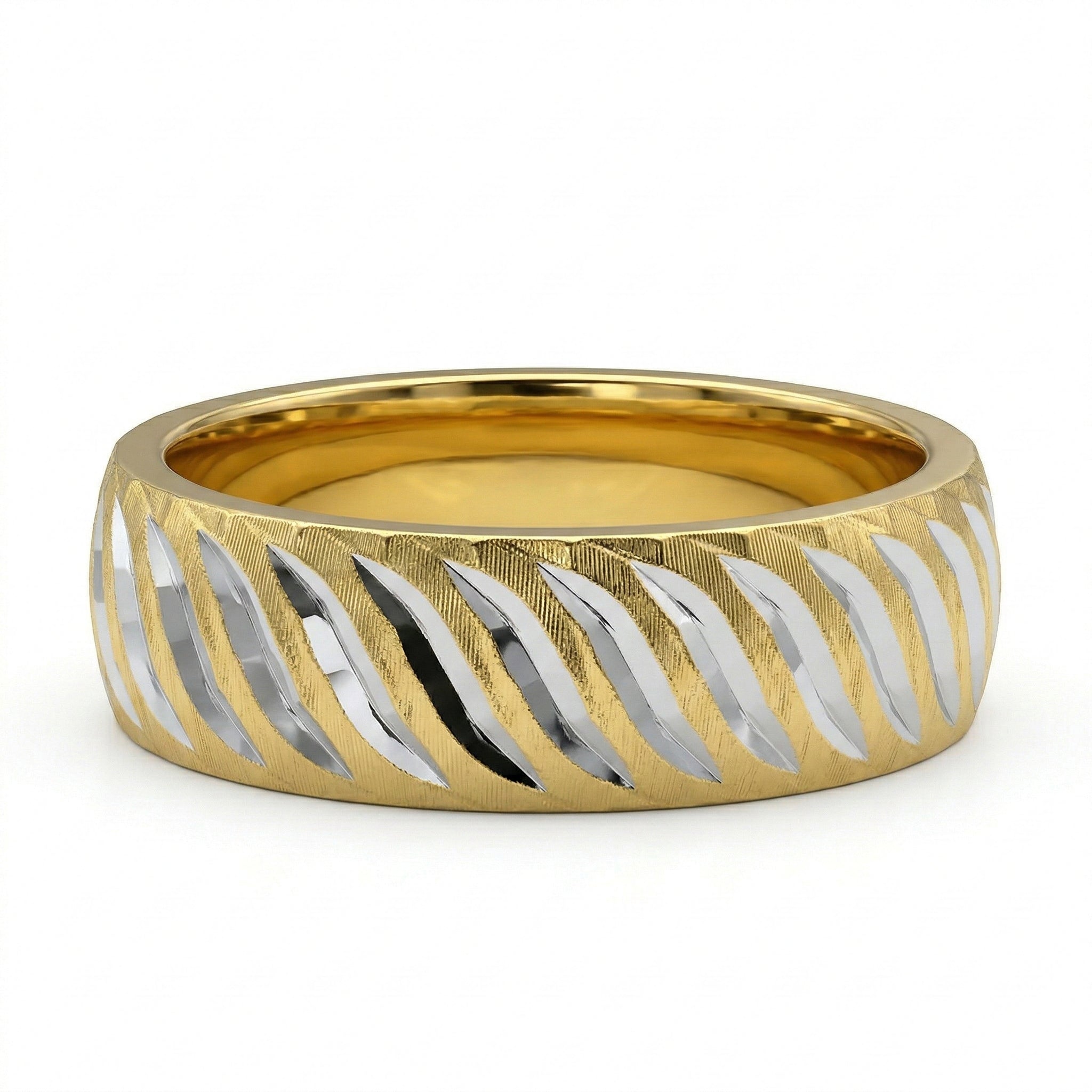 Gold and silver ring with wavy pattern on a white background