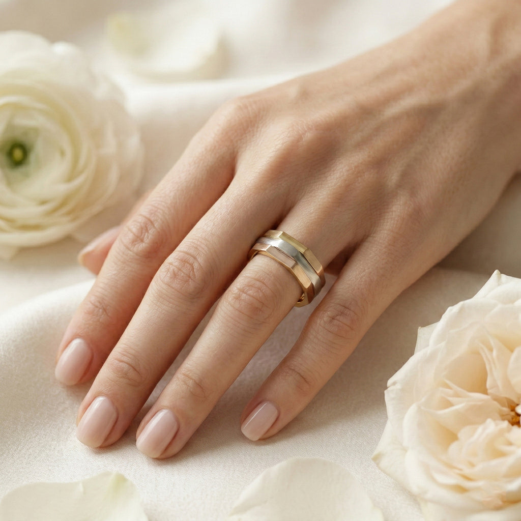 Hand wearing a gold ring with white flowers in the background
