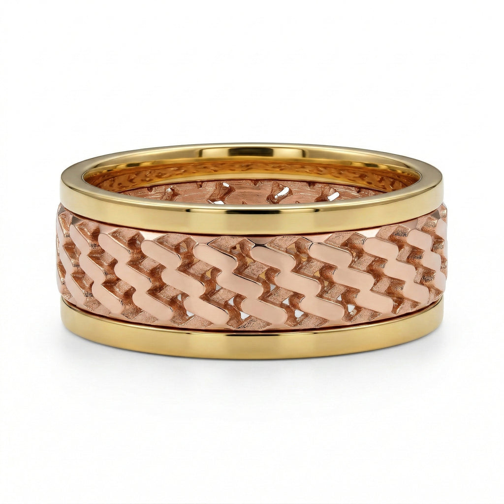 Gold and rose gold ring with woven pattern on a white background