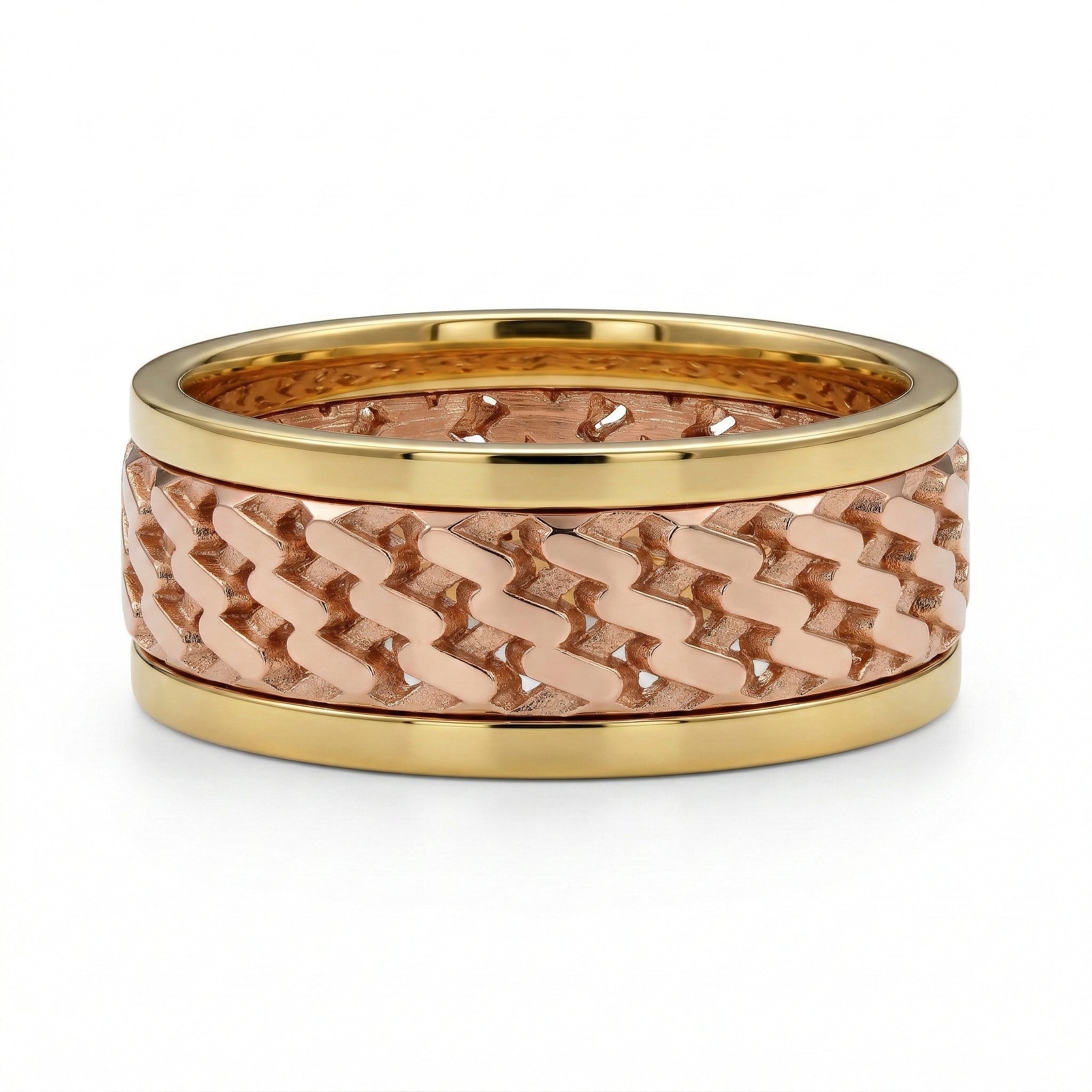 Gold and rose gold ring with woven pattern on a white background