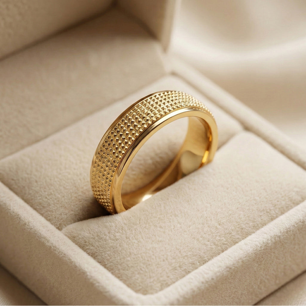 Gold ring with textured band on a beige cushion in a jewelry box