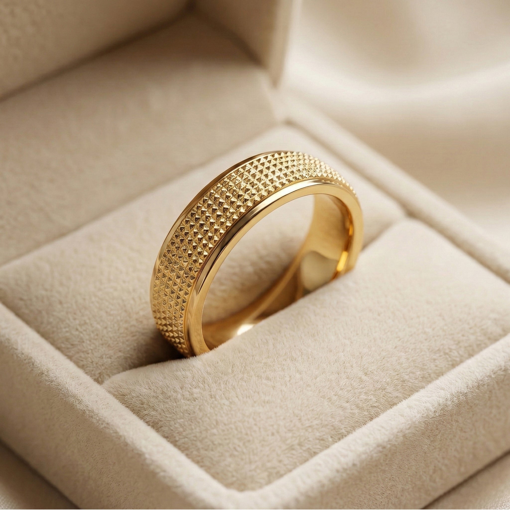 Gold ring with textured band on a beige cushion in a jewelry box