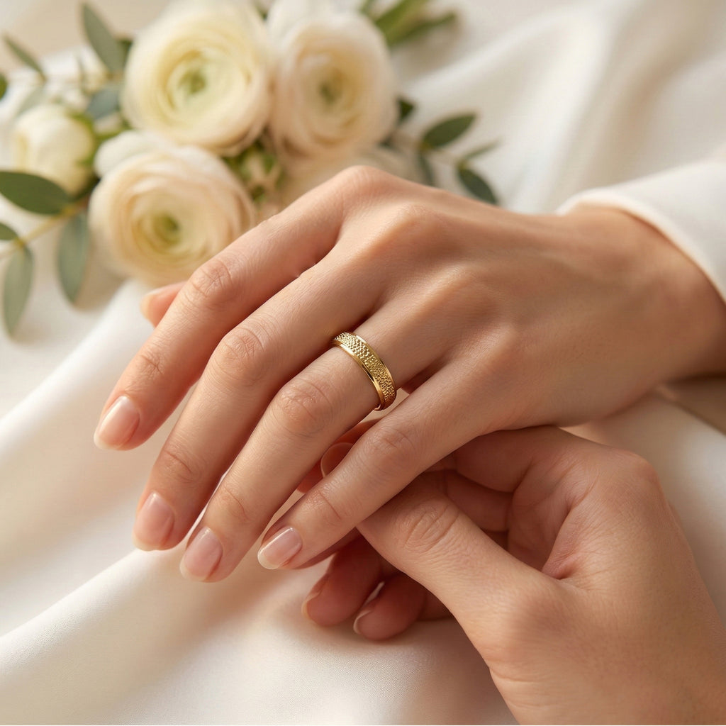 Close-up of hands with a gold ring, surrounded by white flowers on a light background