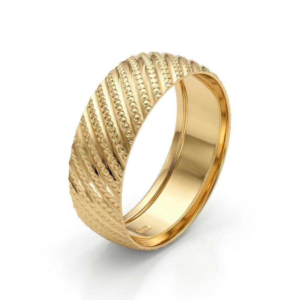 Alyans 18k yellow gold wedding band ring from The Forever Edit collection, featuring an intricate diagonal textured pattern with polished edges, displayed on a pure white background.