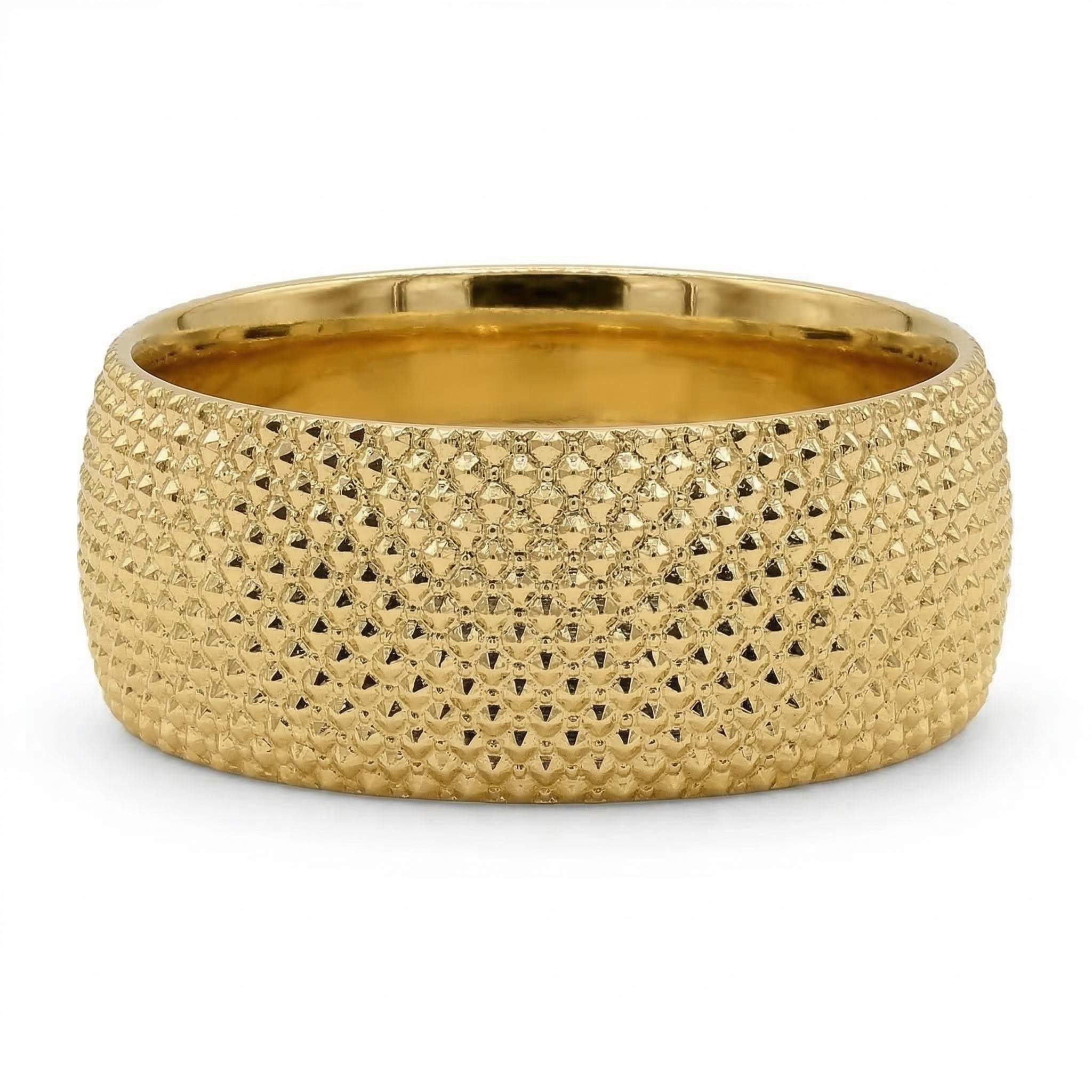 Alyans 18k yellow gold wedding band ring from The Forever Edit category, featuring a highly polished, textured outer band and a smooth interior on a pure white background.