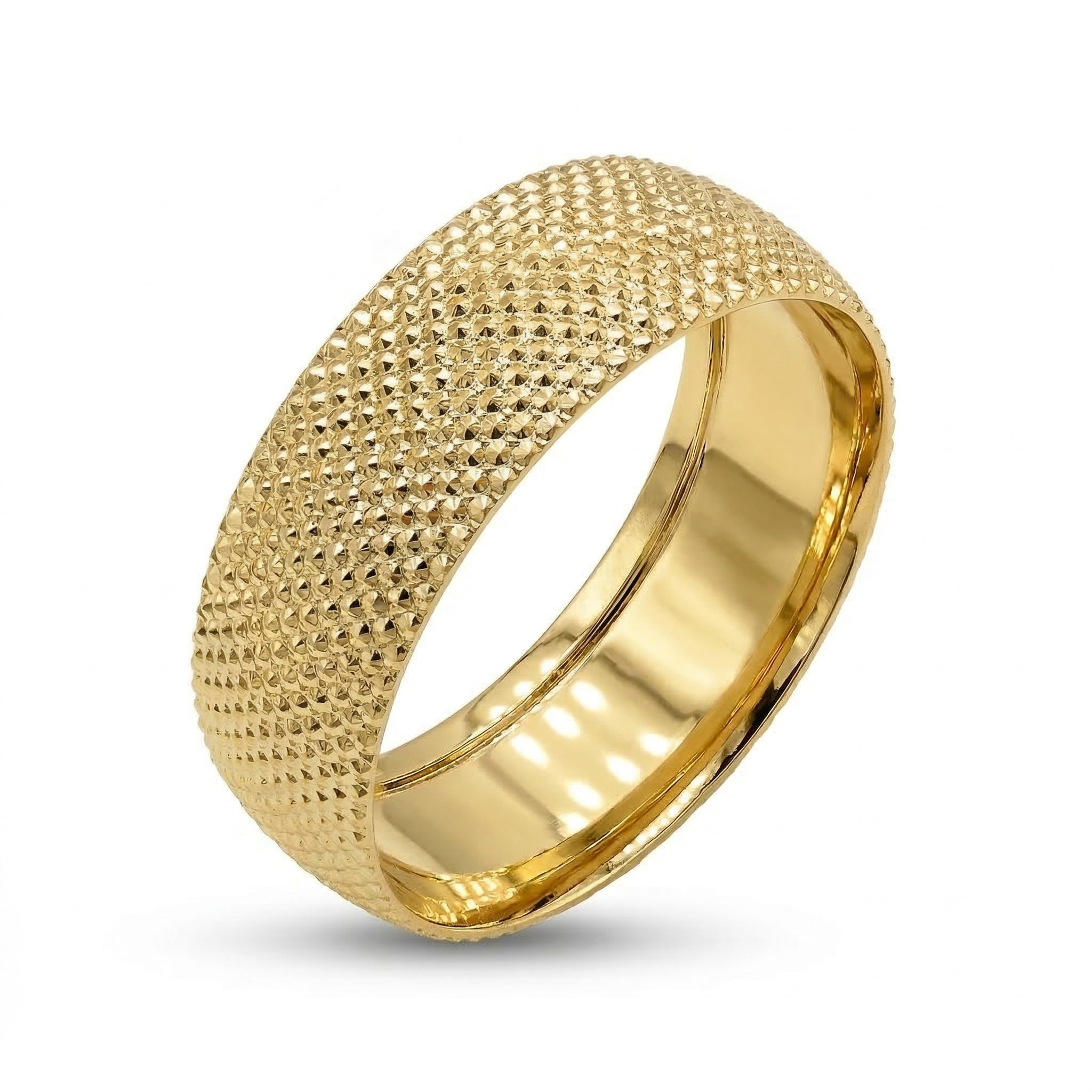 Alyans 18k yellow gold wedding band ring from The Forever Edit category, featuring a highly polished, textured outer band and a smooth interior on a pure white background.
